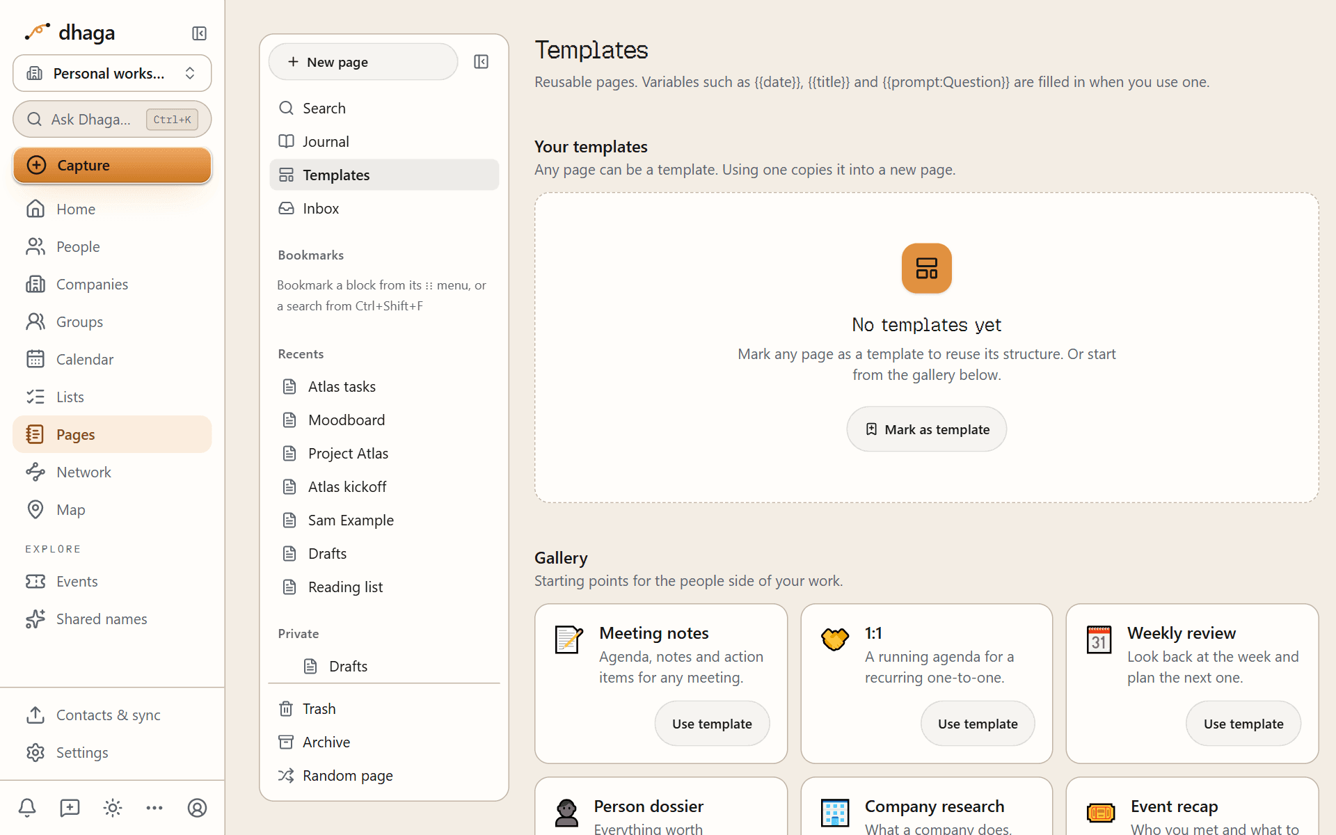 The Templates screen with your own templates (none yet) and the curated gallery