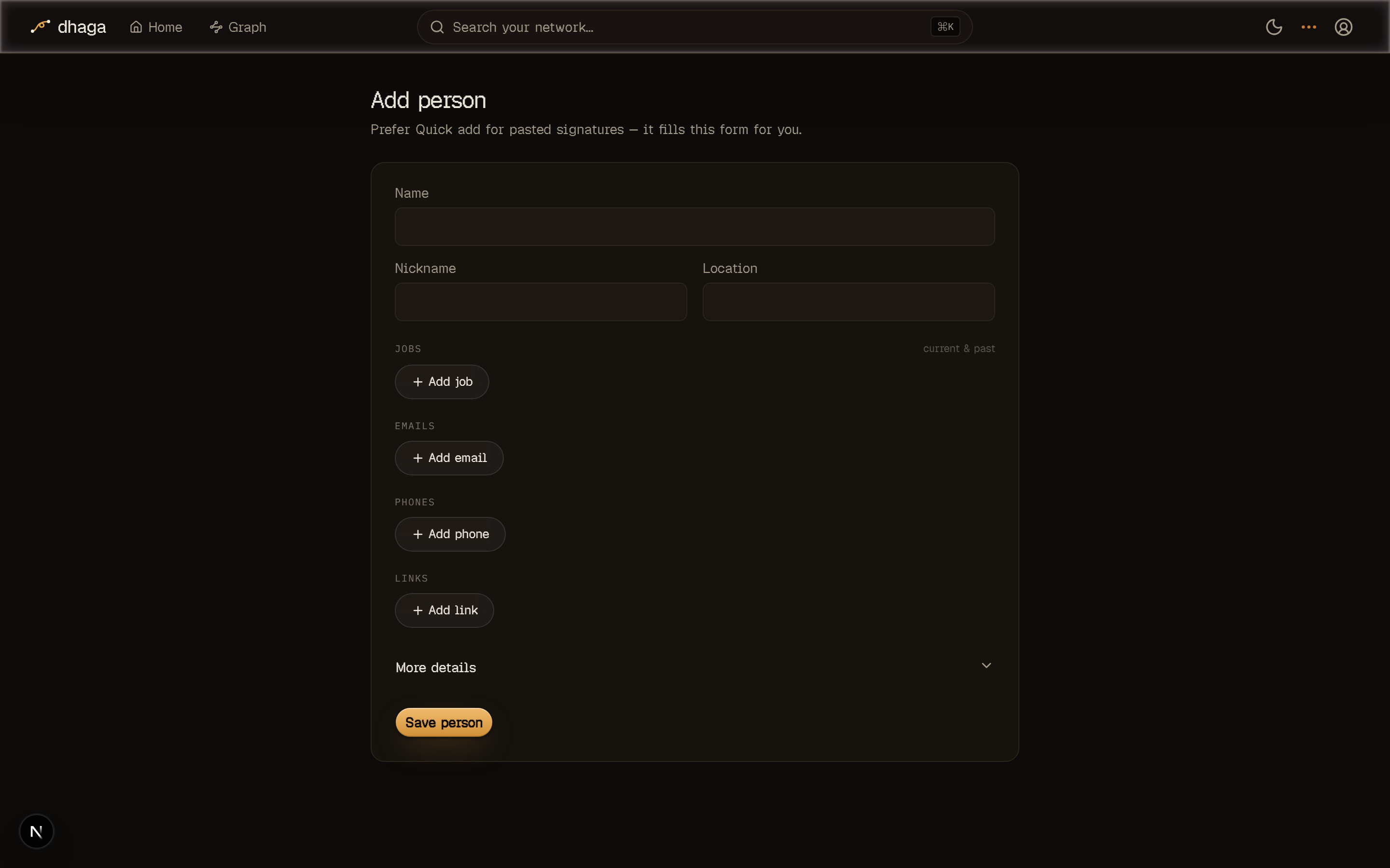 Dhaga manual add-person form with fields for name, jobs, emails, phones, and links