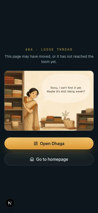 The signed-in app's cloth-shop 404 page with recovery actions on a phone