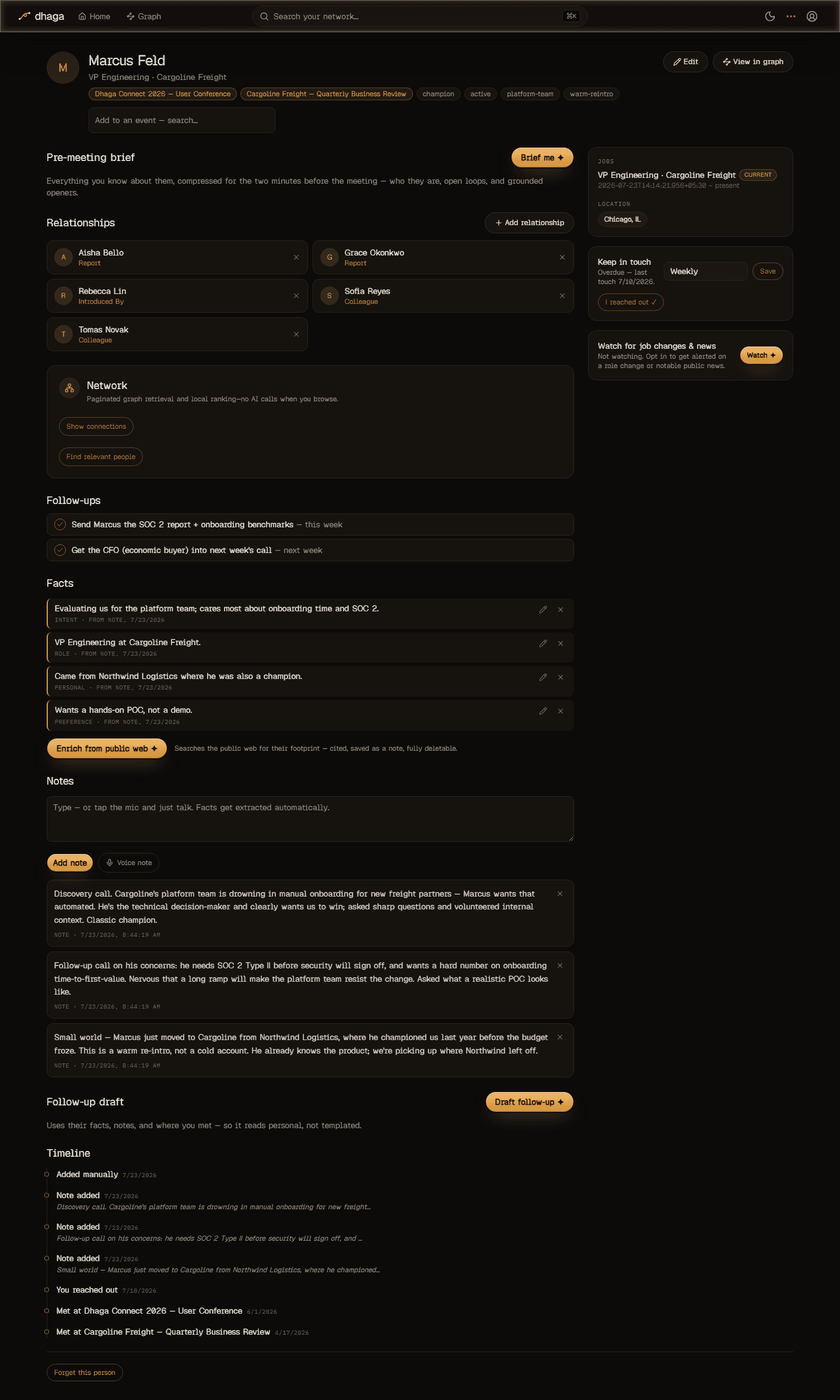 Marcus Feld's profile in Dhaga — facts with receipts, notes, follow-ups, relationships, and keep-in-touch cadence.