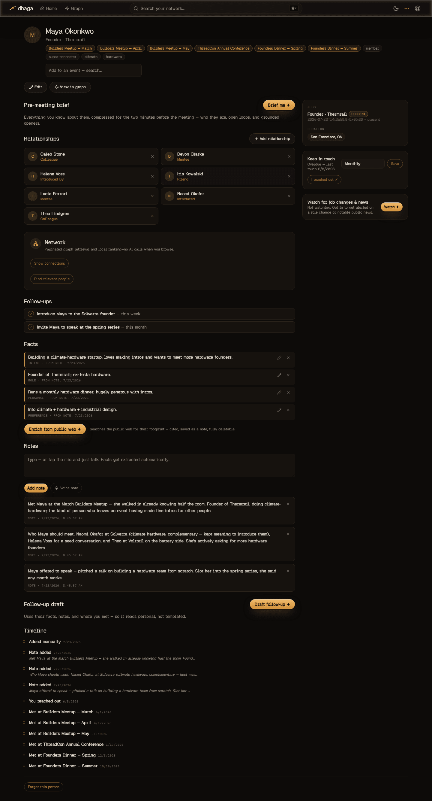 Maya Okonkwo's profile in Dhaga — facts with receipts, notes, follow-ups, relationships, and keep-in-touch cadence.