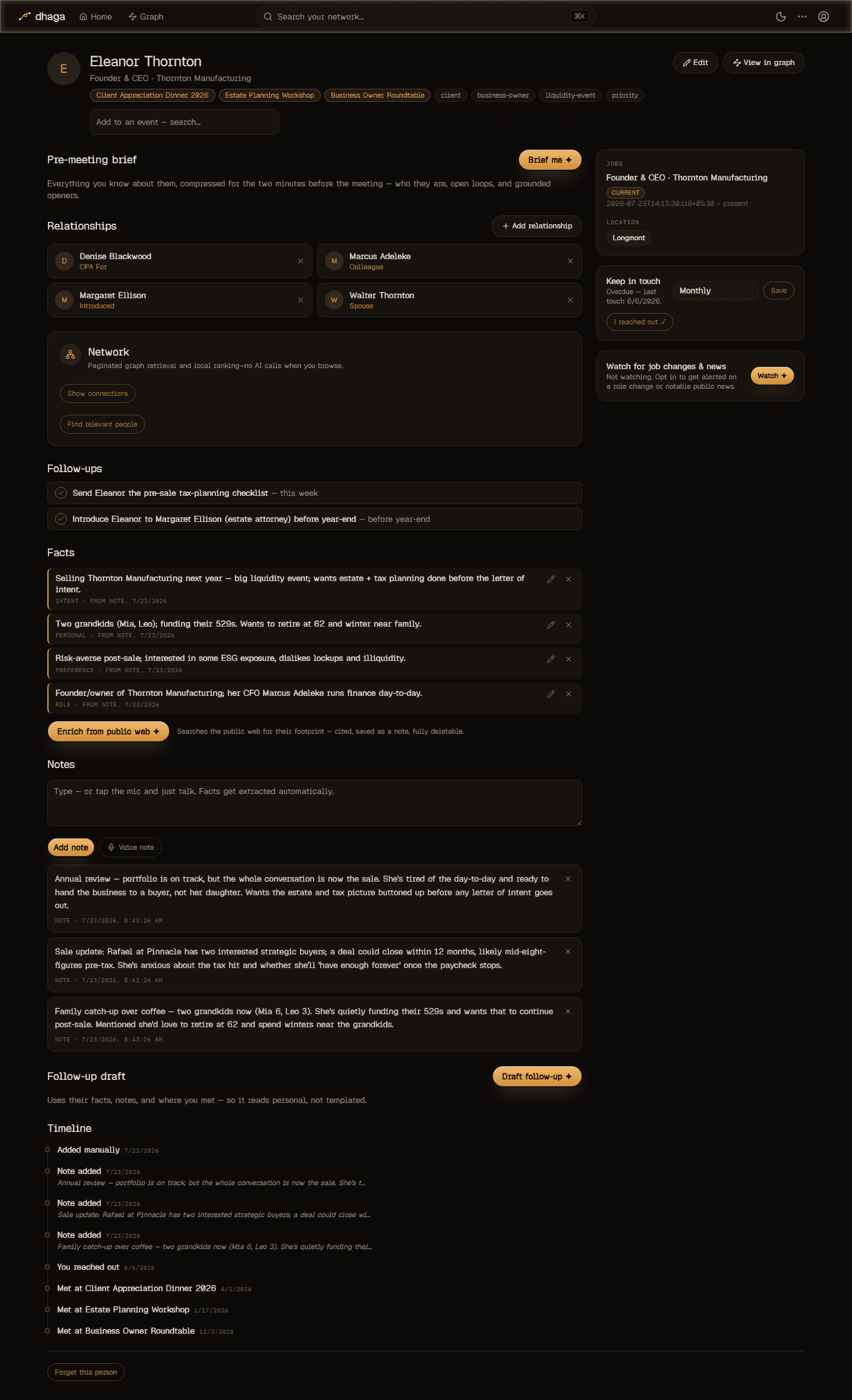 The hero's profile in Dhaga — facts with receipts, notes, follow-ups, relationships, and keep-in-touch cadence.