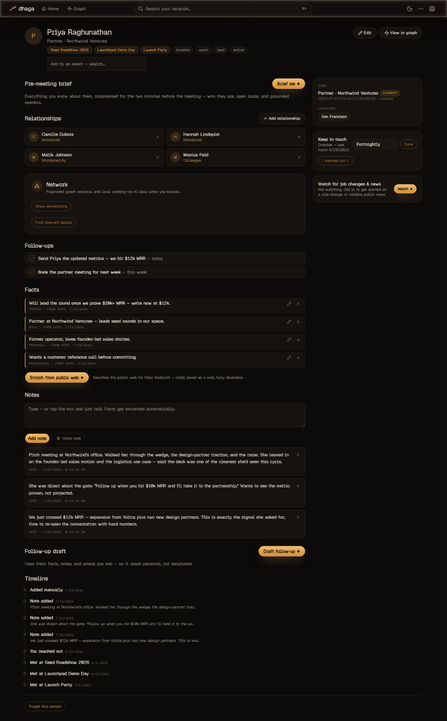 Priya's profile in Dhaga — facts with receipts, notes, follow-ups, relationships, and keep-in-touch cadence.