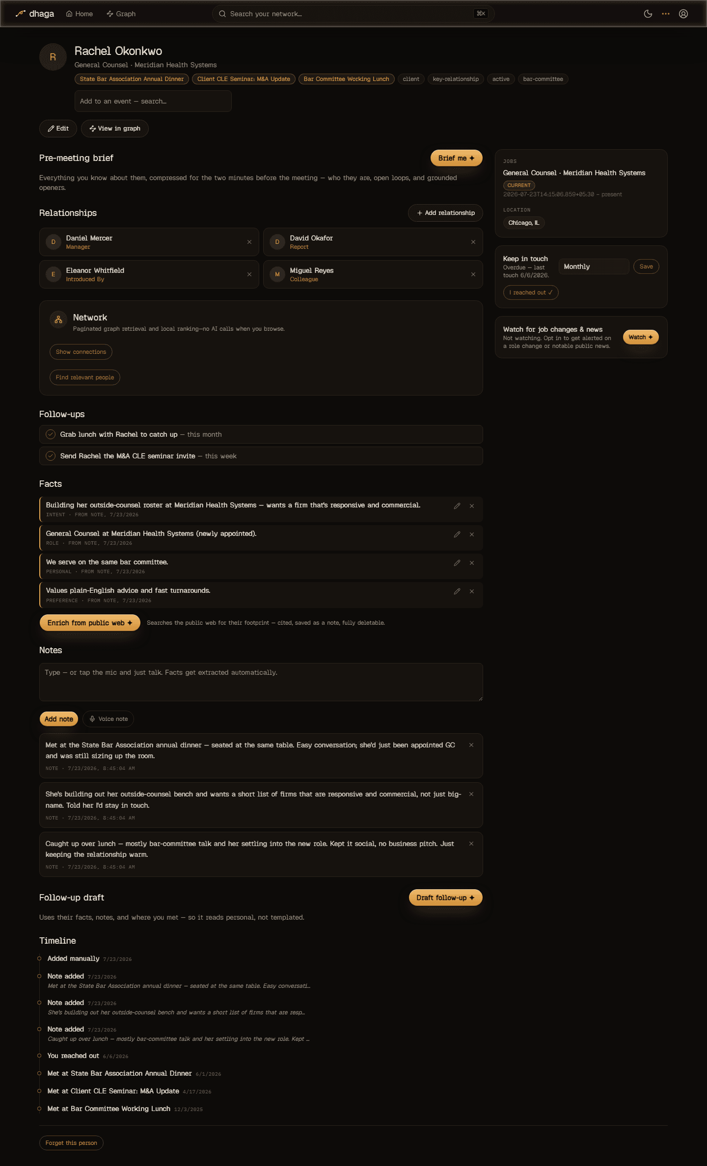 The hero's profile in Dhaga — relationship facts with receipts, notes, follow-ups, and keep-in-touch cadence.