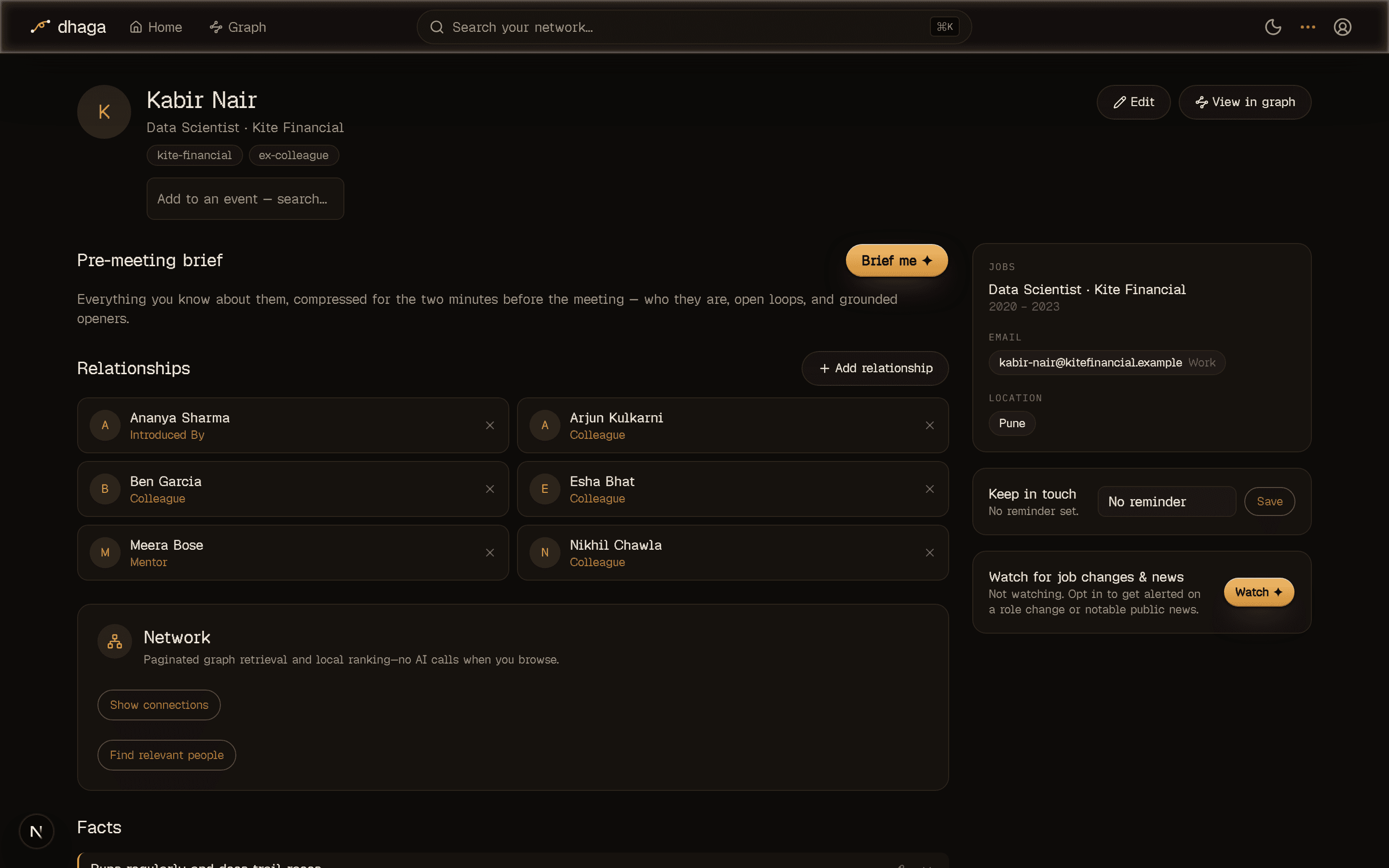 The top of a person's profile showing their jobs, email, location, and relationships