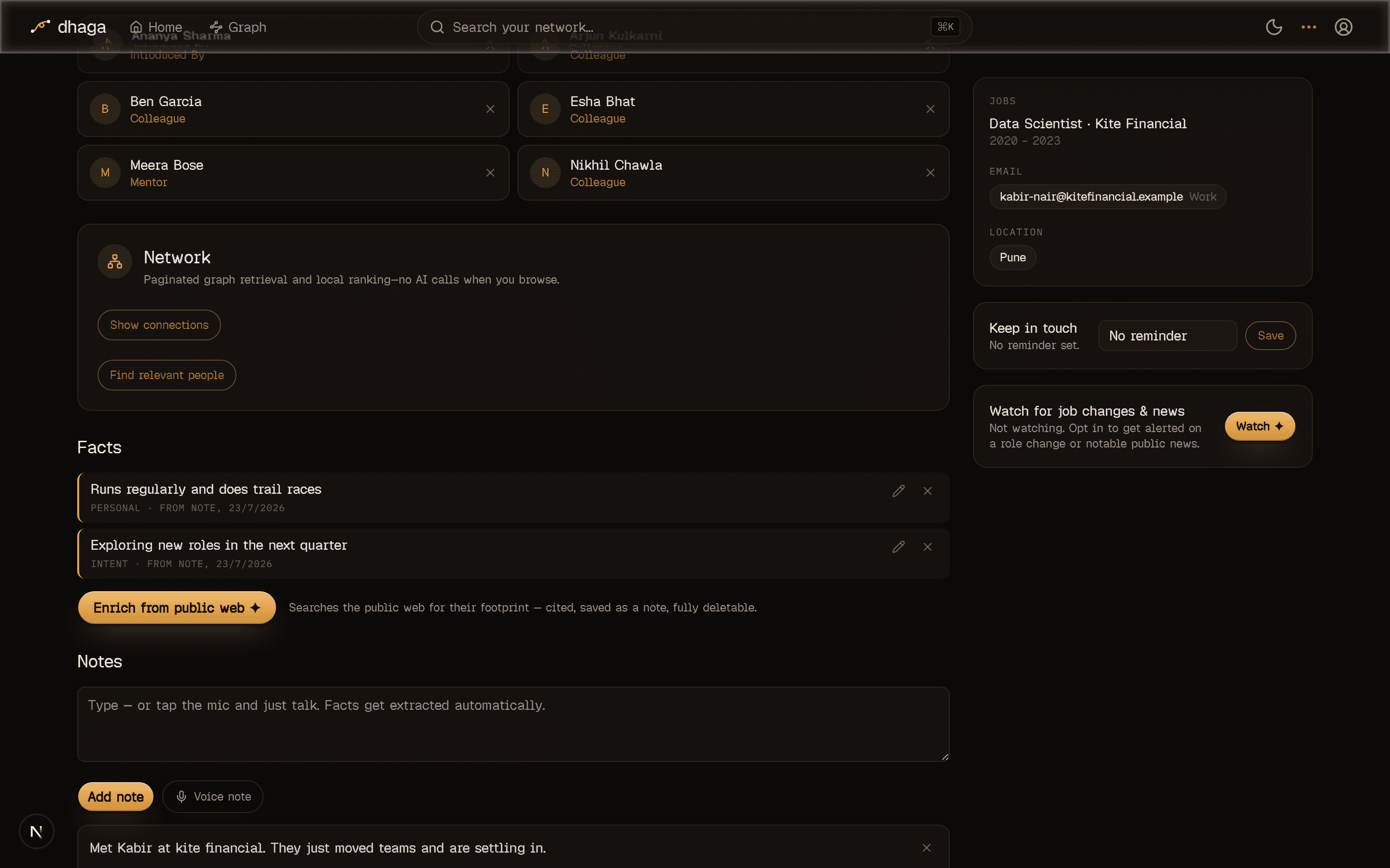A person's profile showing the Facts section with two extracted facts, the Enrich from public web button, and the Notes box with Add note and Voice note buttons