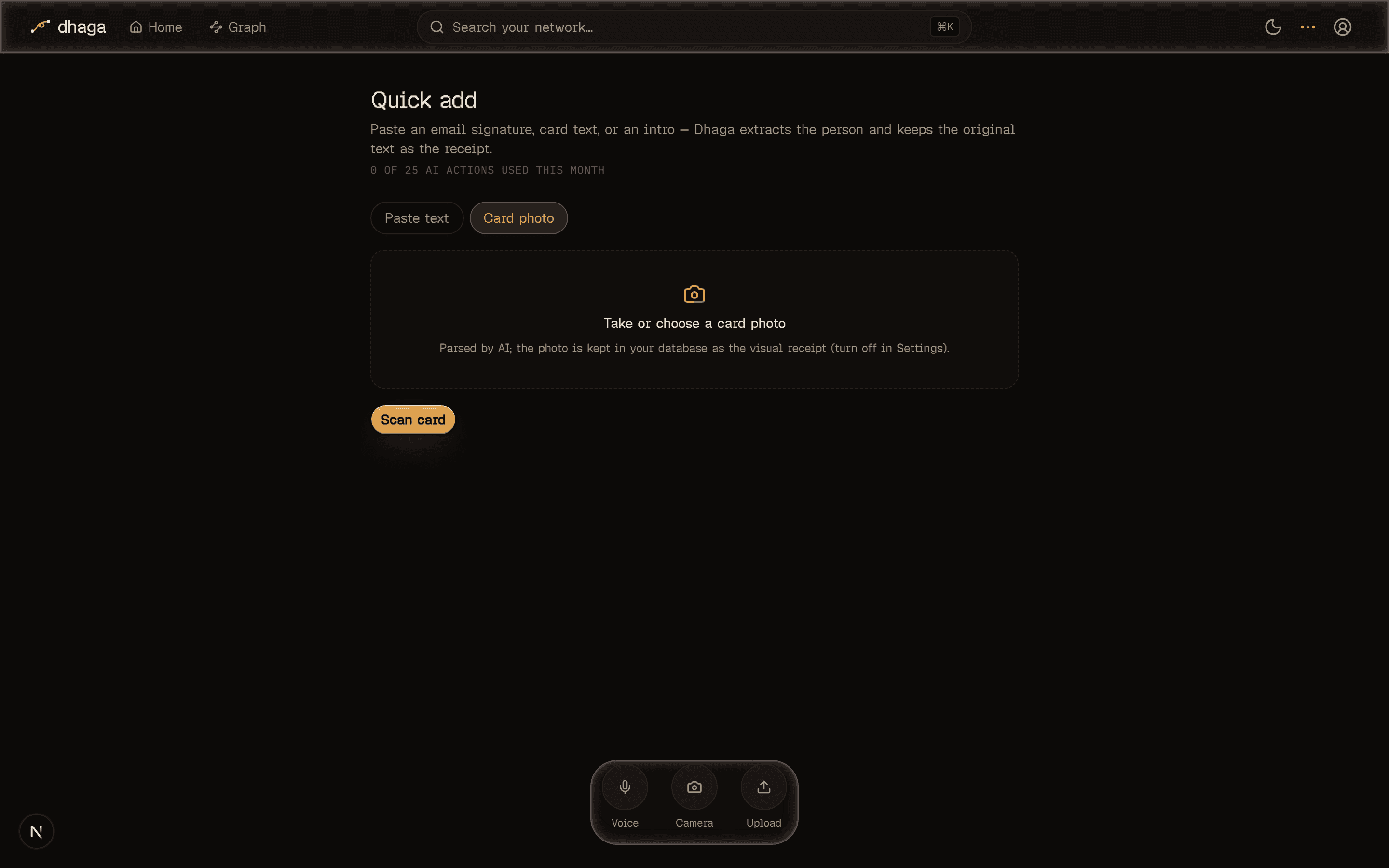 Dhaga quick-add in card-photo mode with a camera area, a Scan card button, and the Voice / Camera / Upload capture dock