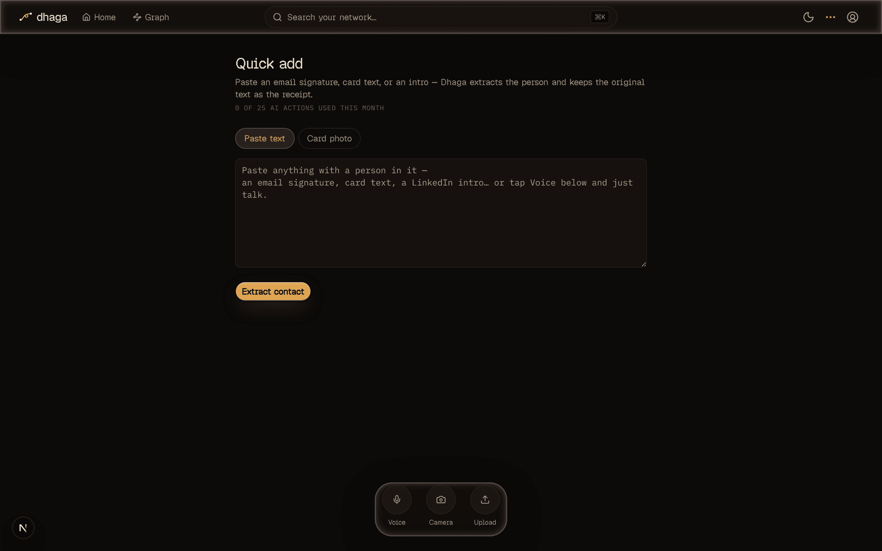 Dhaga quick-add in paste-text mode, ready to accept an email signature or card text