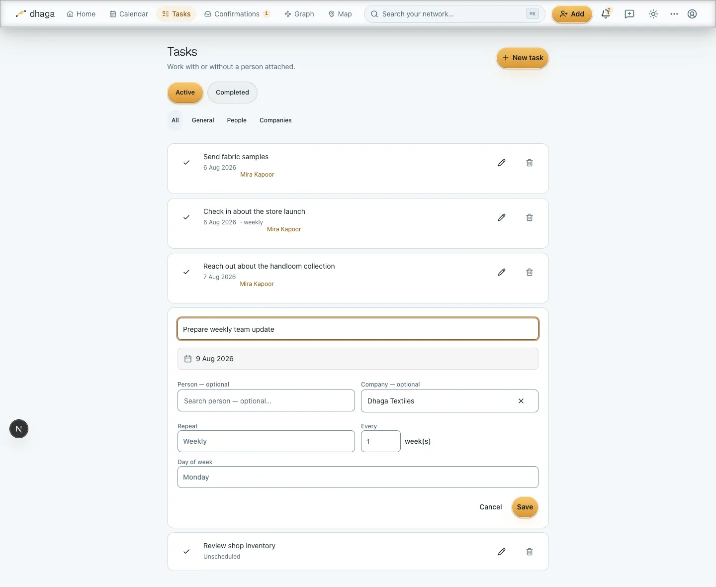 A weekly task editor with an optional company and a chosen weekday