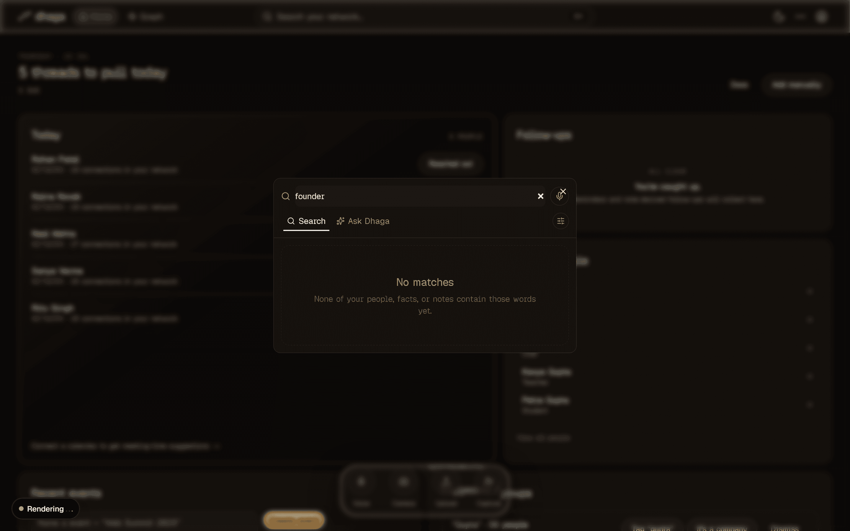 The ⌘K command palette on the Search tab with a query typed and matching people listed