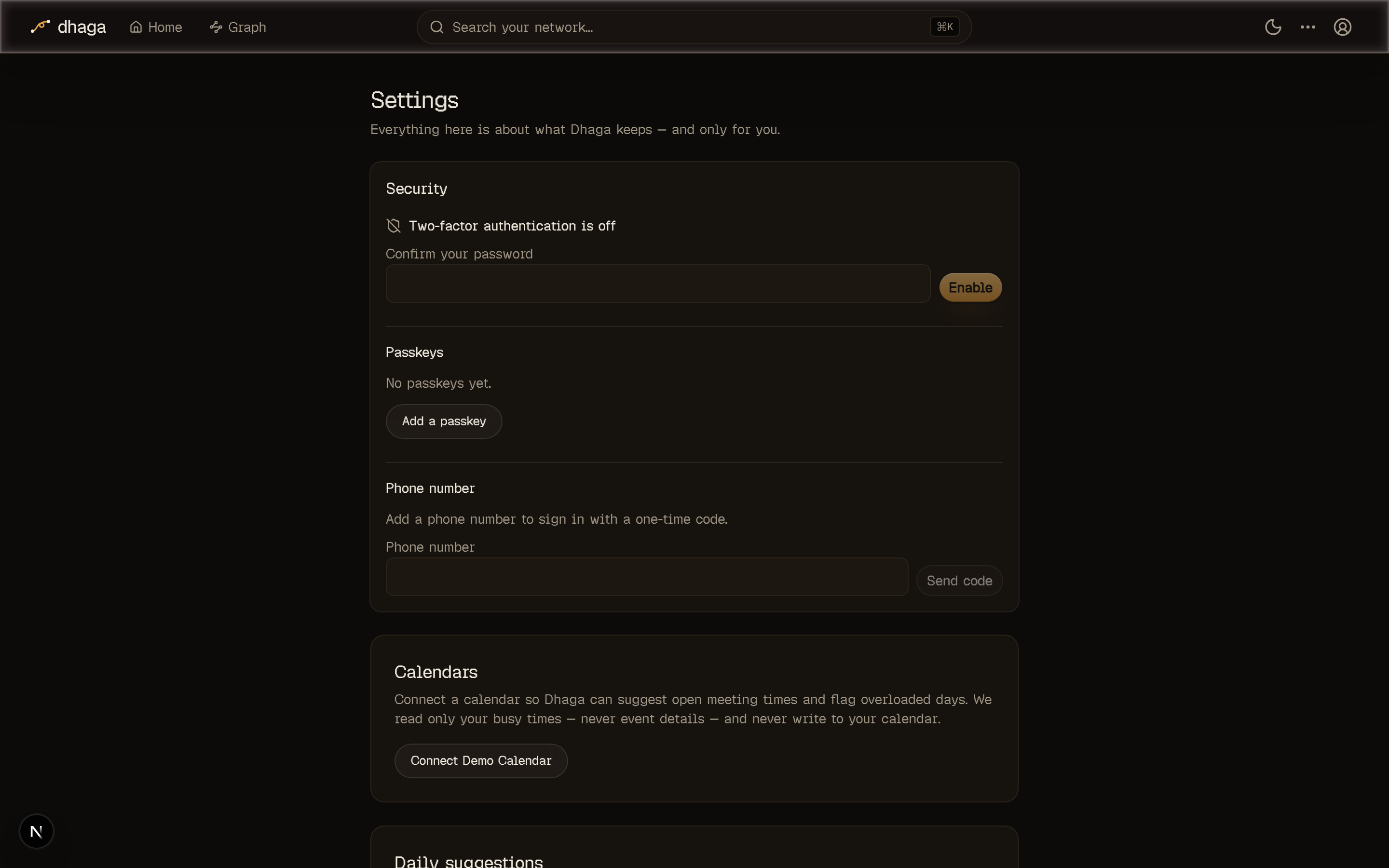 The top of the Dhaga settings page showing billing, security, calendar, suggestions, card-photo, voice, API-key, and import sections