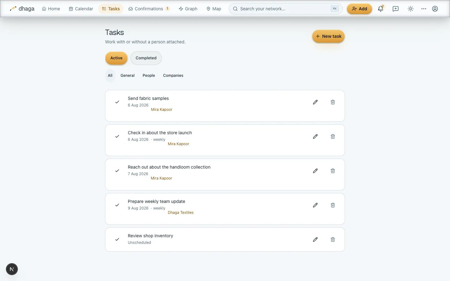 The Tasks list showing general, person-linked, company-linked, dated, and unscheduled work