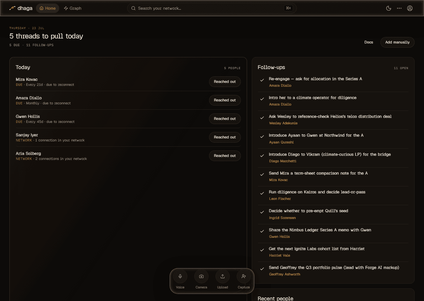 Dhaga's daily view — who's due for a reach-out, and the open follow-ups you owe people.