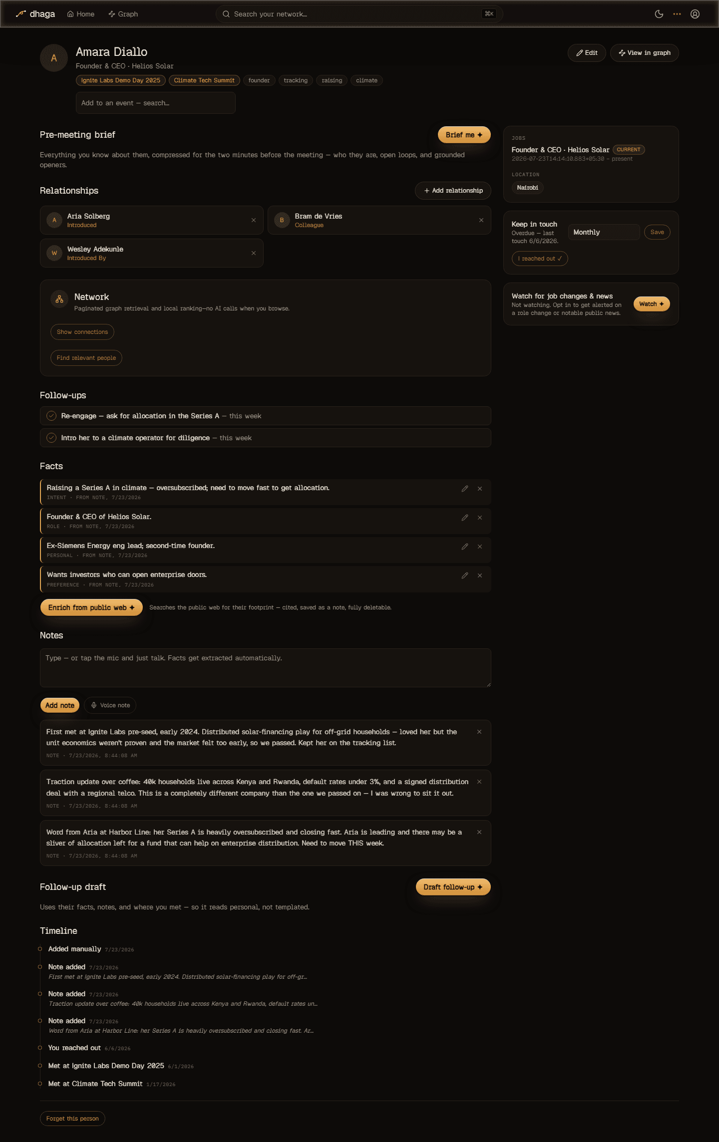 The hero's profile in Dhaga — facts with receipts, notes, follow-ups, relationships, and keep-in-touch cadence.
