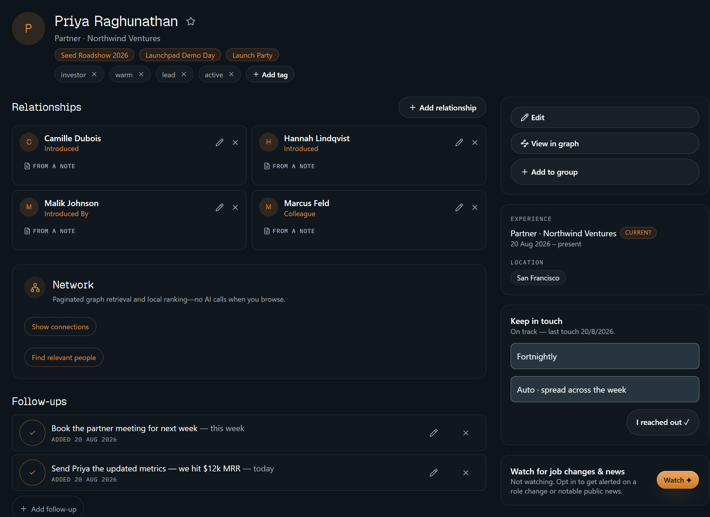 A contact's profile: name, title and company, chips for the events they were met at, editable tags, a pre-meeting brief, an ask box scoped to this person, a grid of labelled relationships, and a keep-in-touch cadence panel.